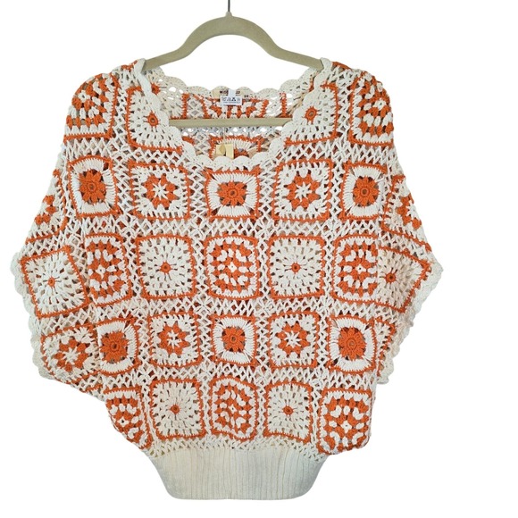 Miss Kelly 1999 Sweaters - Miss Kelly 1999 Womens Crochet Granny Square Batwing Top Orange Cream S/M